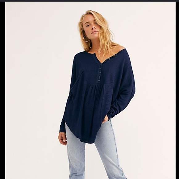 Free People Tops - Free People Deep Blue oversized waffle top
